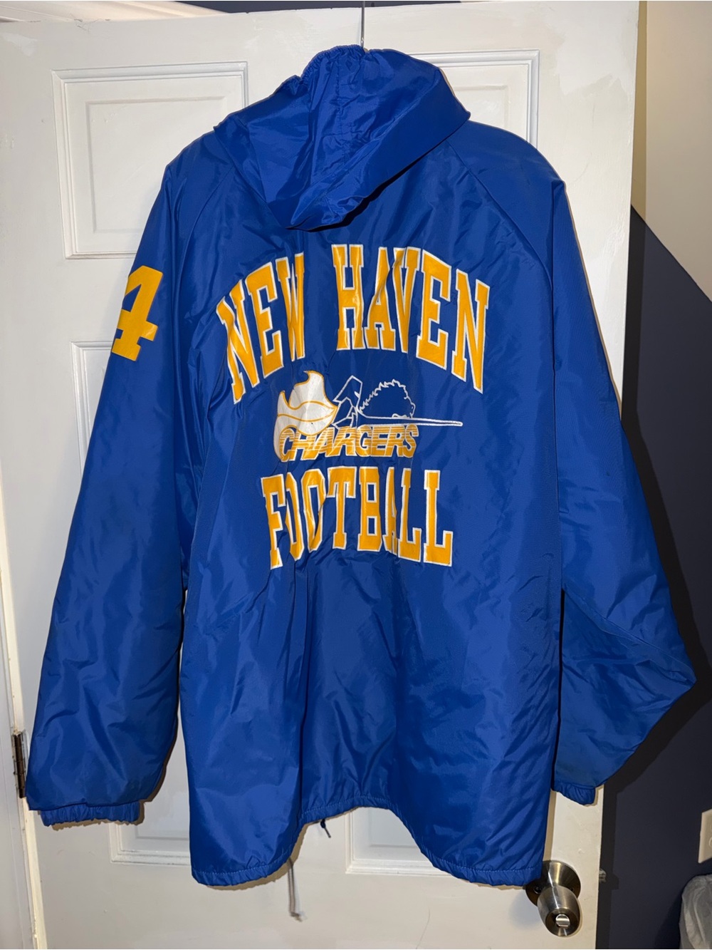 VTG Champion Blue and Yellow New Haven Football Hooded Windbreaker